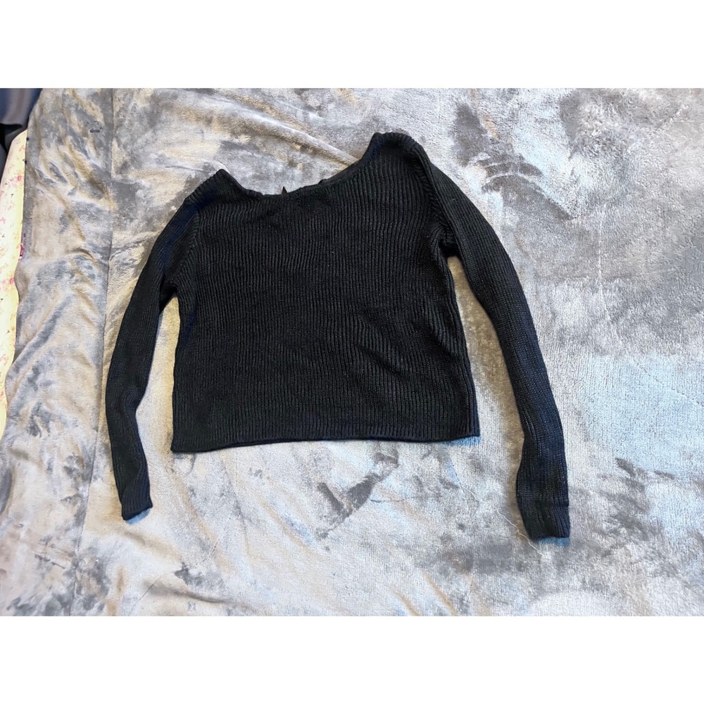 Black Ribbed V-Neck Sweater with Back Satin Ribbon Tie Bow Size Small